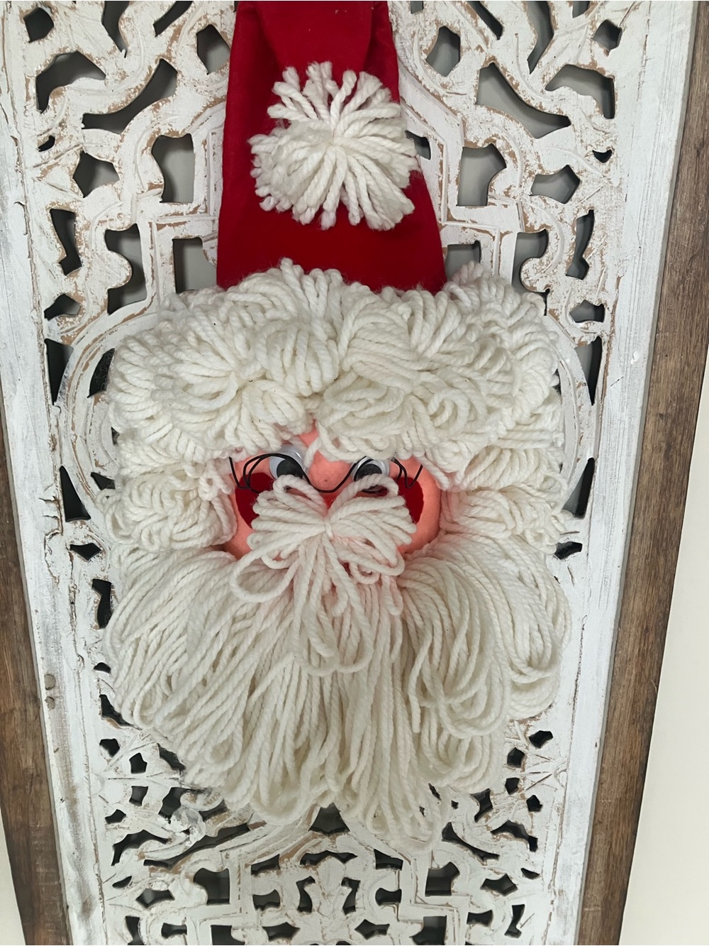 Handmade White Yarn Santa Face Wall Hanging - Holiday Decor